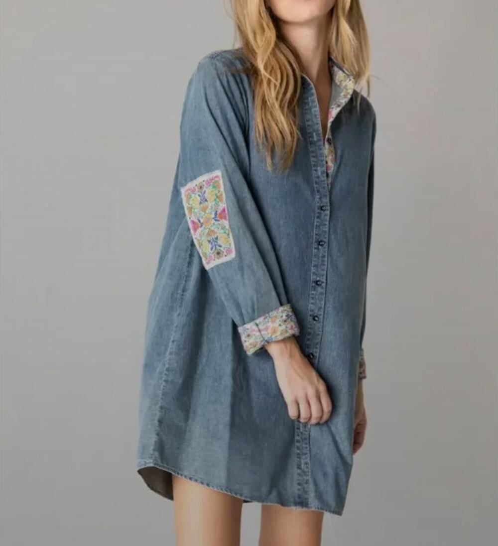 Natural Life Floral Elbow Patch Chambray Denim Shirt Dress (M)